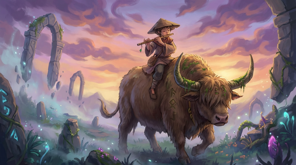 A boy in a conical hat plays a flute while riding a large shaggy bull through mystical ruins.